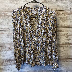Loft Long Sleeve Floral V Neck Top Yellow Brown White Size XS